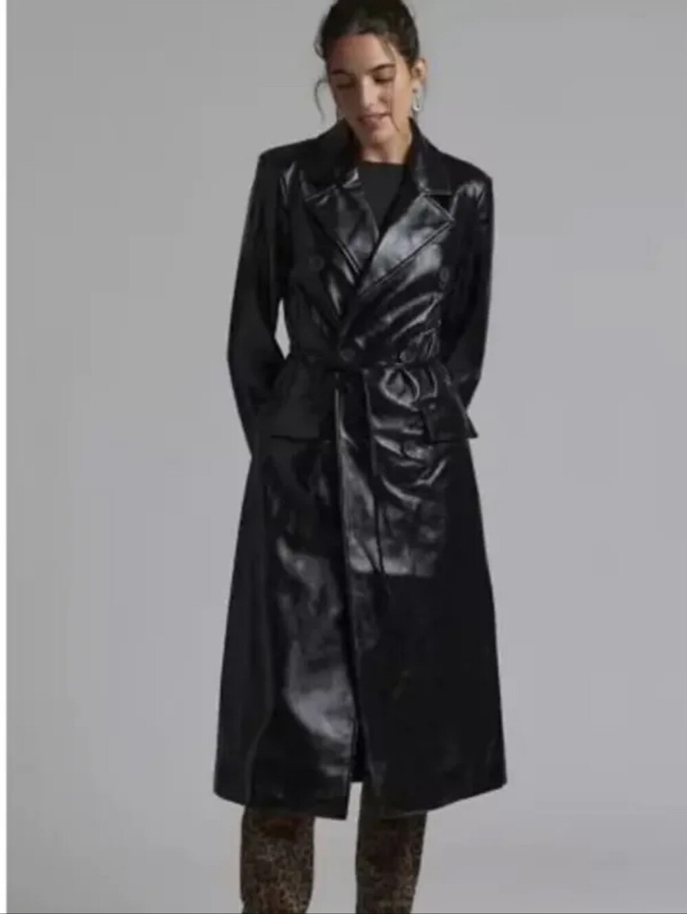 NWT Avec Les Filles Longline Black Faux Leather Trenchcoat XS